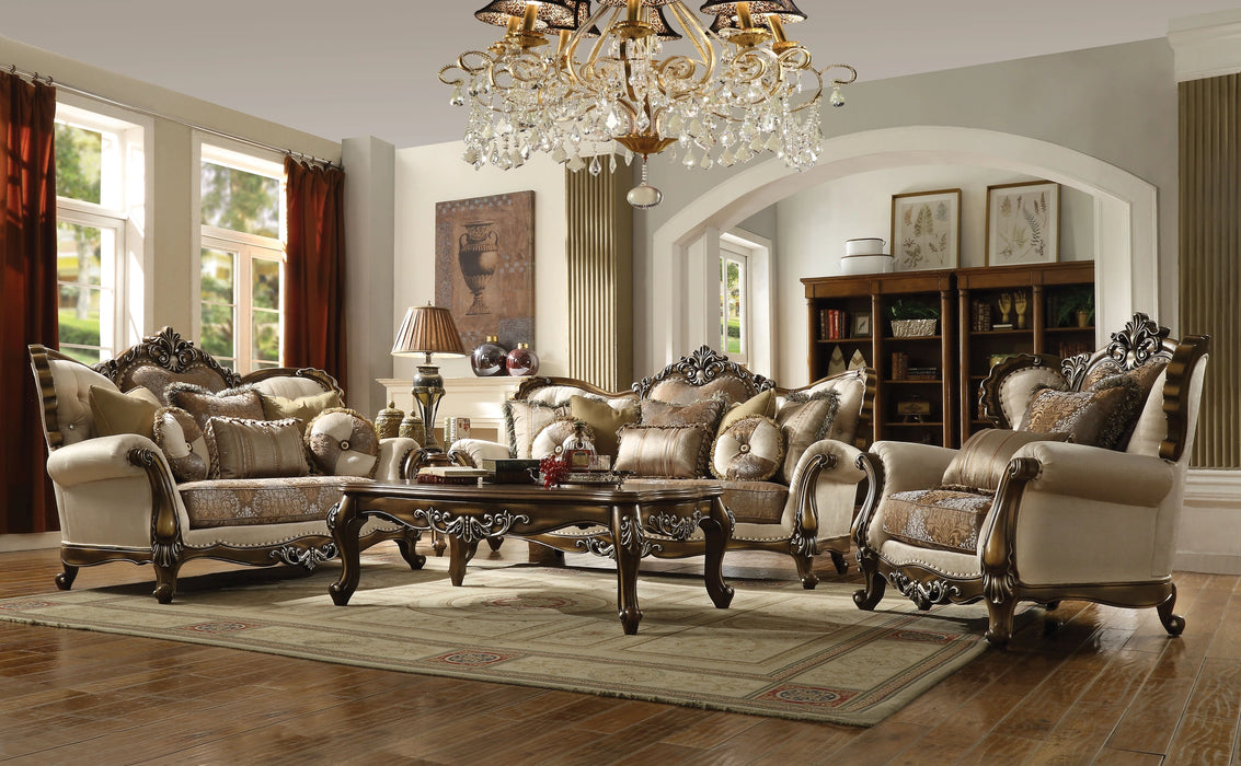 Five Star Furniture - Latisha Tan, Pattern Fabric & Antique Oak Sofa w/6 Pillows