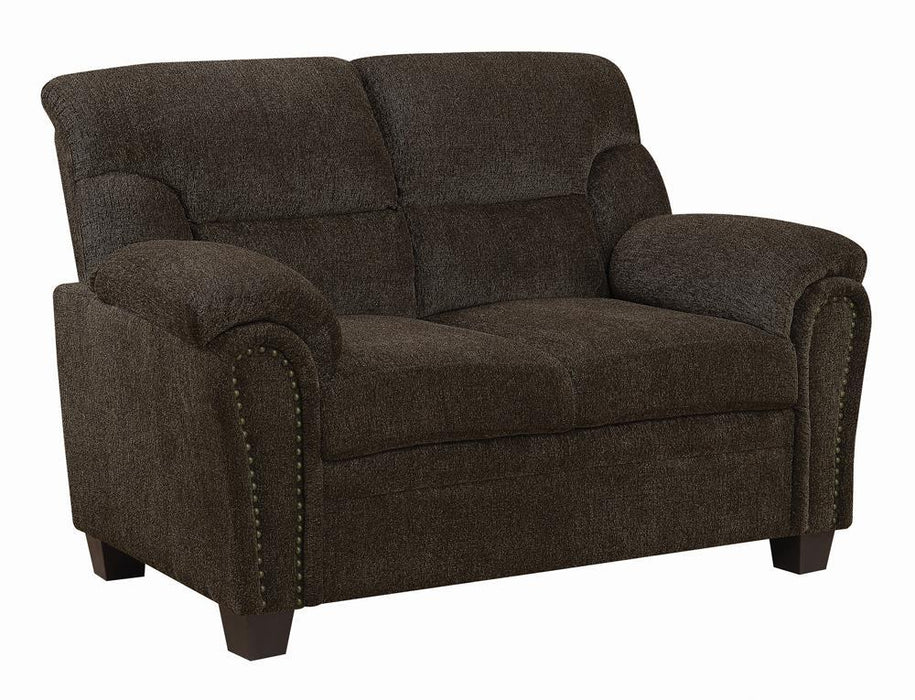 Clementine Upholstered Loveseat with Nailhead Trim Brown