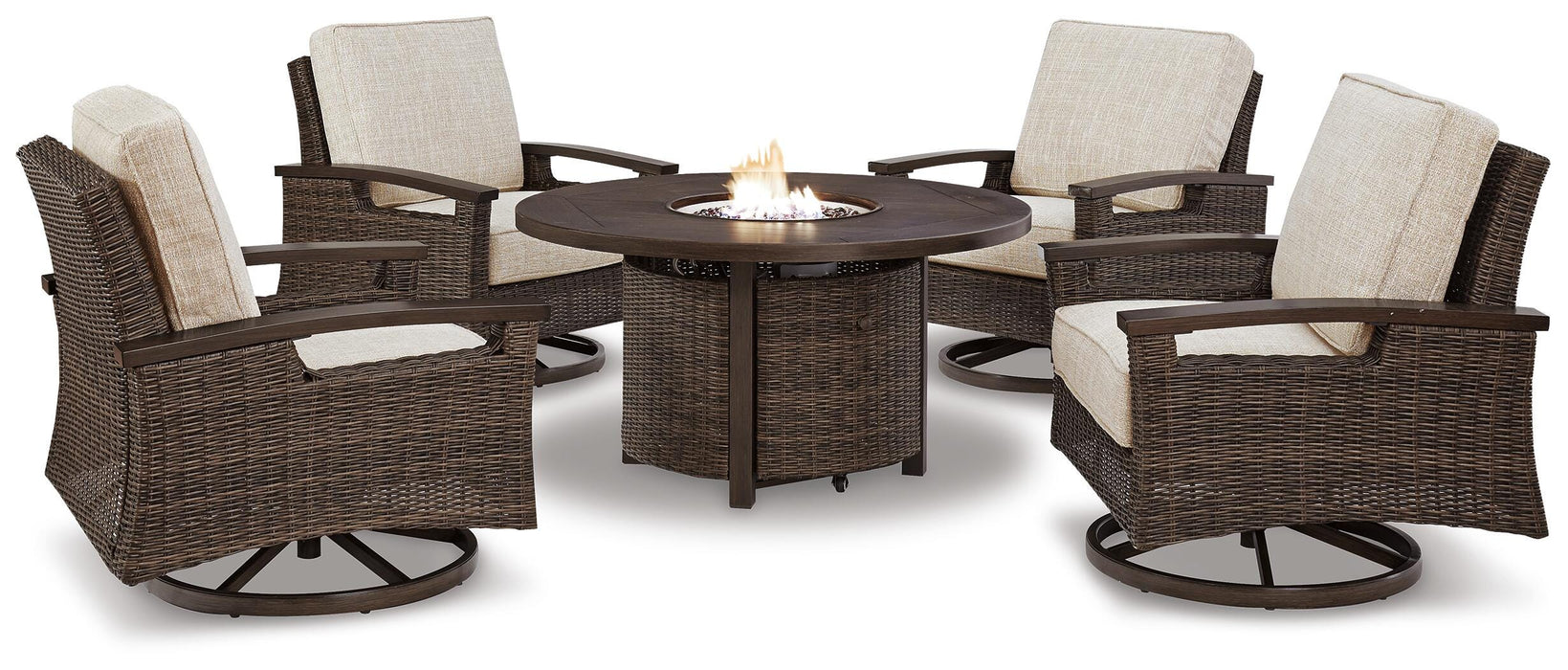 Five Star Furniture - Paradise Trail Paradise Trail Fire Pit Table with 4 Nuvella Swivel Lounge Chairs