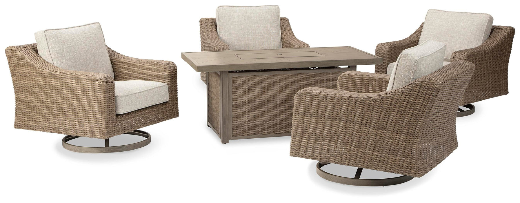 Five Star Furniture - Beachcroft Beachcroft Fire Pit Table with Four Nuvella Swivel Lounge Chairs