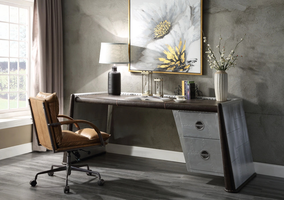 Five Star Furniture - Brancaster Distress Chocolate Top Grain Leather & Aluminum Desk